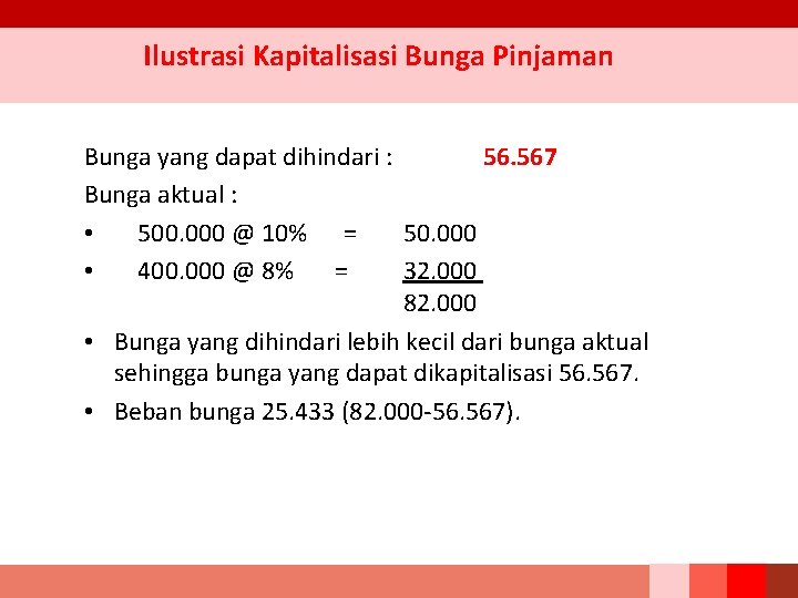 Ilustrasi Kapitalisasi Bunga Pinjaman Bunga yang dapat dihindari : 56. 567 Bunga aktual :