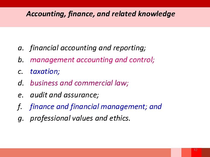 Accounting, finance, and related knowledge a. b. c. d. e. f. g. financial accounting