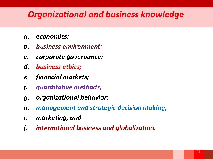 Organizational and business knowledge a. b. c. d. e. f. g. h. i. j.