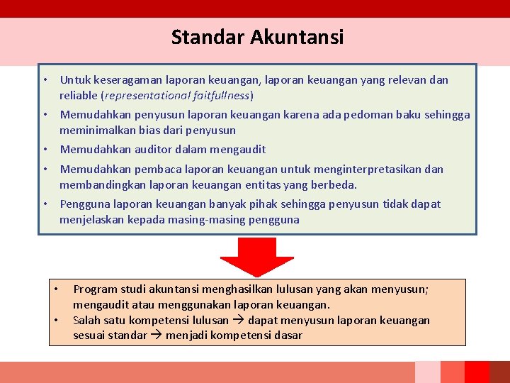 Standar Akuntansi • Untuk keseragaman laporan keuangan, laporan keuangan yang relevan dan reliable (representational