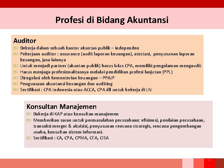 Profesi di Bidang Akuntansi Auditor Bekerja dalam sebuah kantor akuntan publik – independen Pekerjaan