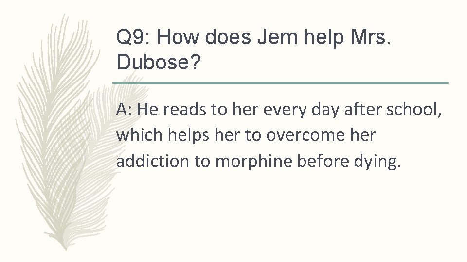 Q 9: How does Jem help Mrs. Dubose? A: He reads to her every