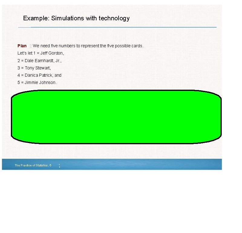 Example: Simulations with technology Plan : We need five numbers to represent the five