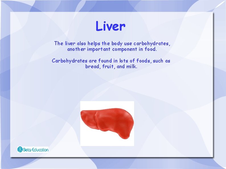 Liver The liver also helps the body use carbohydrates, another important component in food.