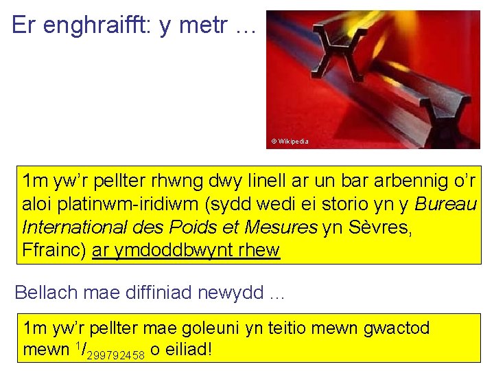 Er enghraifft: y metr … © Wikipedia 1 m yw’r pellter rhwng dwy linell