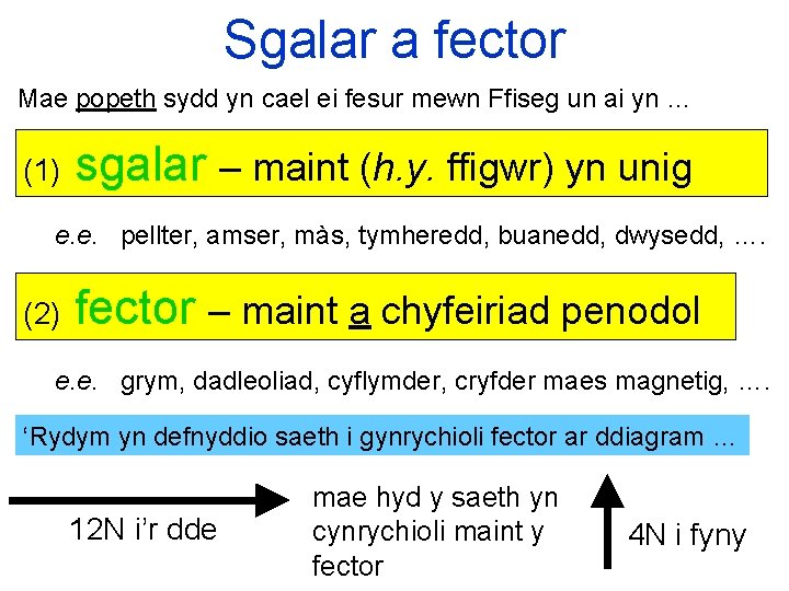 Sgalar a fector Mae popeth sydd yn cael ei fesur mewn Ffiseg un ai