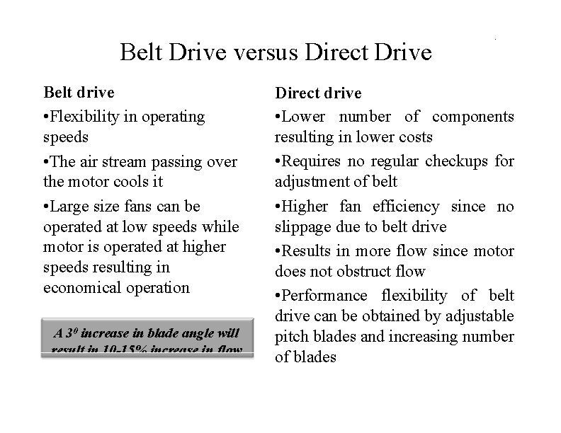 Belt Drive versus Direct Drive Belt drive • Flexibility in operating speeds • The