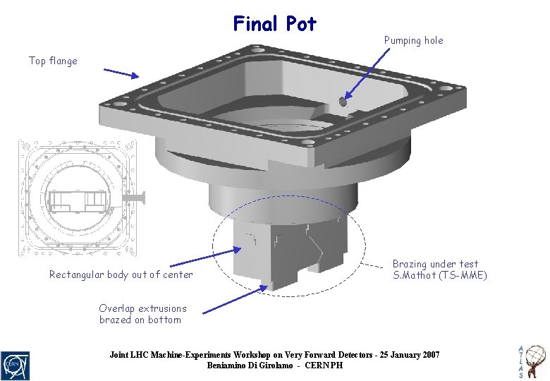 Final Pot Pumping hole Top flange Rectangular body out of center Brazing under test