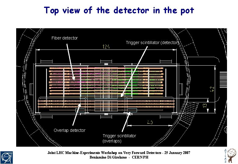 Top view of the detector in the pot Fiber detector Trigger scintillator (detector) Overlap