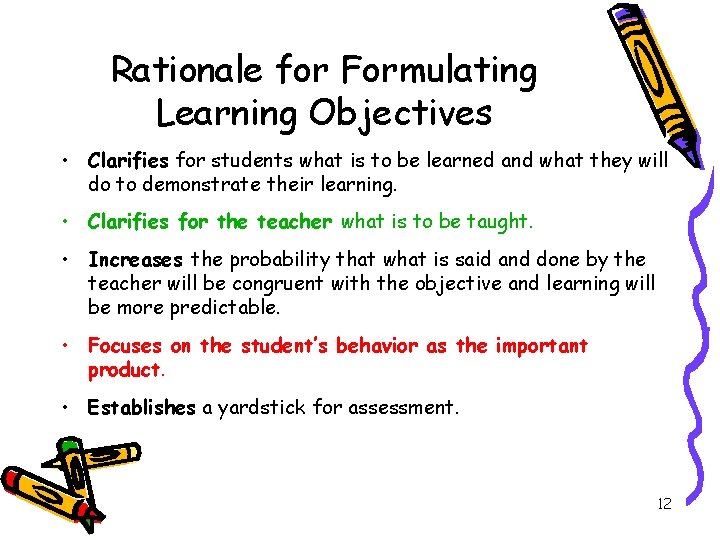 Rationale for Formulating Learning Objectives • Clarifies for students what is to be learned