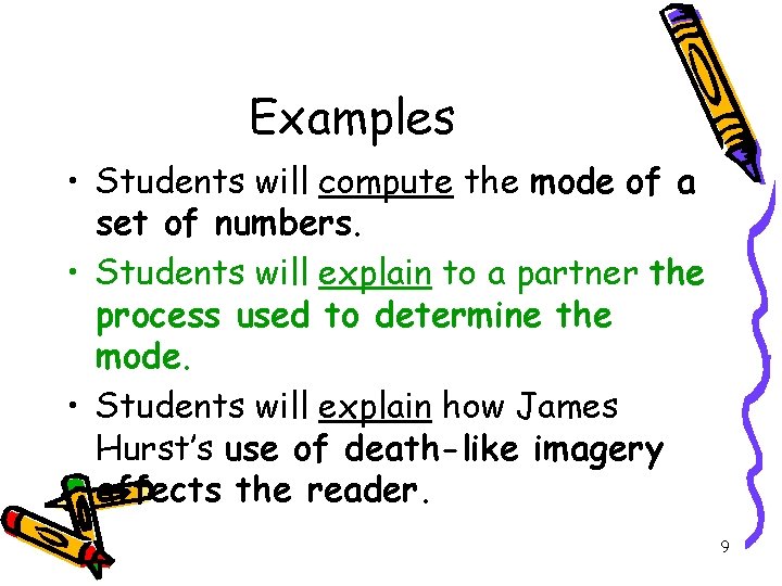 Examples • Students will compute the mode of a set of numbers. • Students