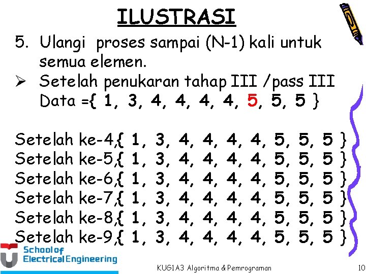 ILUSTRASI 5. Ulangi proses sampai (N-1) kali untuk semua elemen. Ø Setelah penukaran tahap