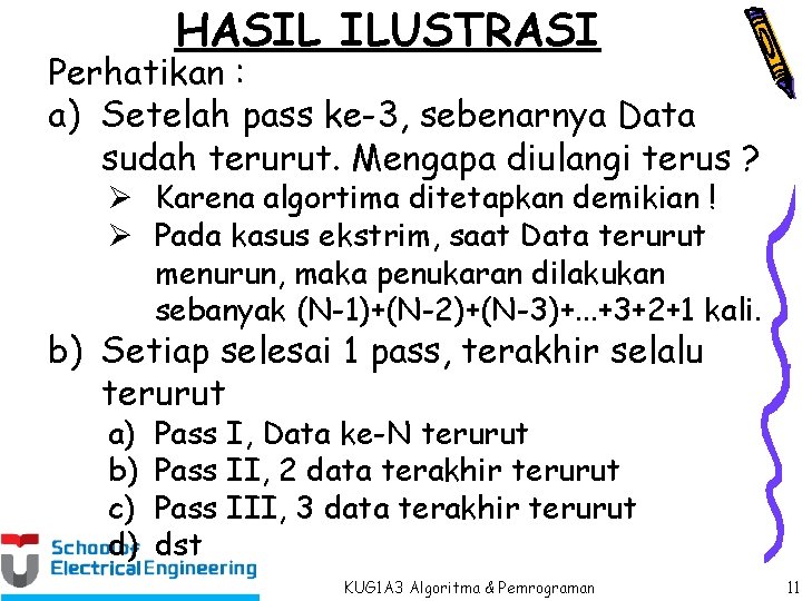 HASIL ILUSTRASI Perhatikan : a) Setelah pass ke-3, sebenarnya Data sudah terurut. Mengapa diulangi