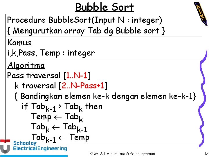 Bubble Sort Procedure Bubble. Sort(Input N : integer) { Mengurutkan array Tab dg Bubble