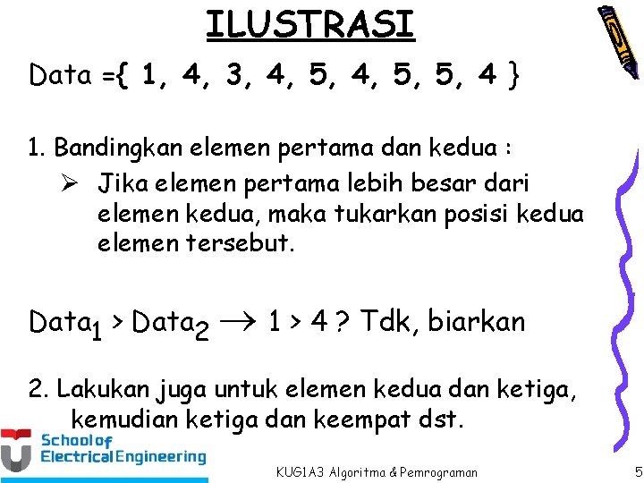 ILUSTRASI Data ={ 1, 4, 3, 4, 5, 5, 4 } 1. Bandingkan elemen