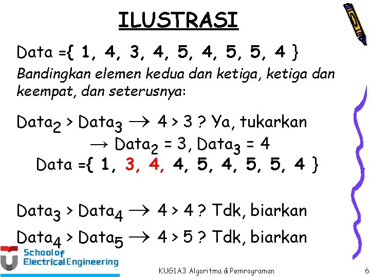 ILUSTRASI Data ={ 1, 4, 3, 4, 5, 5, 4 } Bandingkan elemen kedua