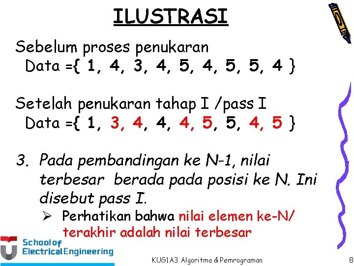 ILUSTRASI Sebelum proses penukaran Data ={ 1, 4, 3, 4, 5, 5, 4 }