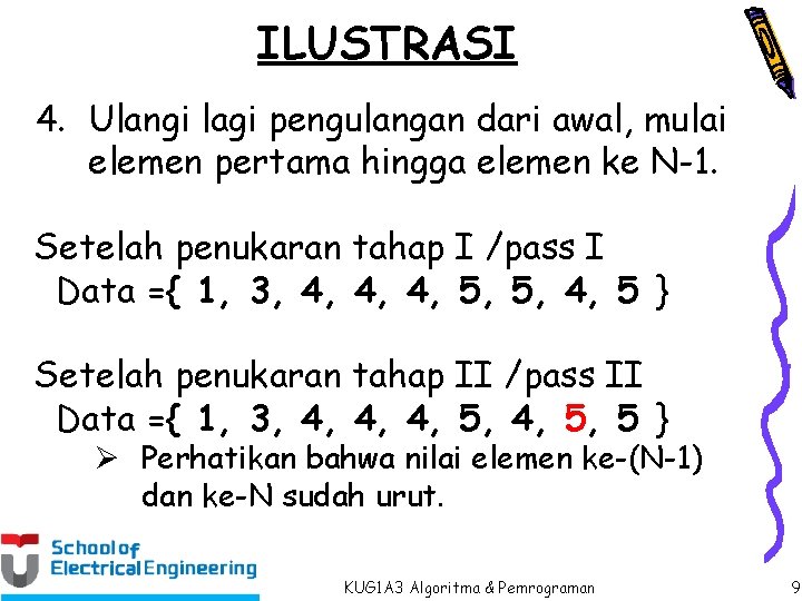 ILUSTRASI 4. Ulangi lagi pengulangan dari awal, mulai elemen pertama hingga elemen ke N-1.