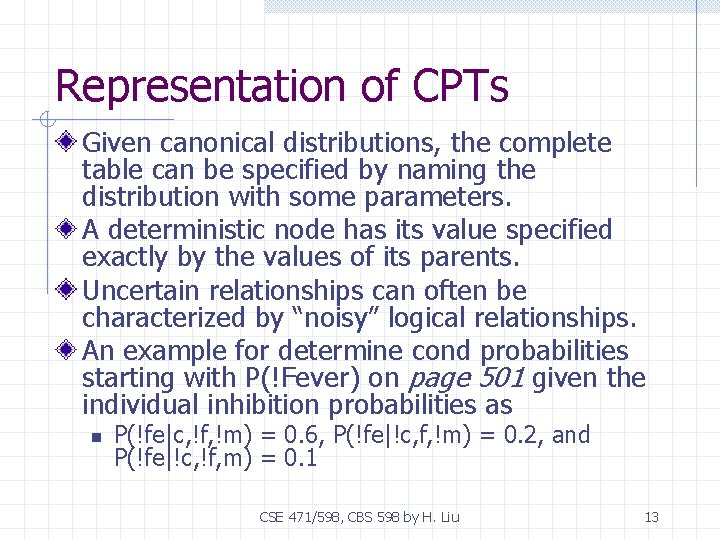 Representation of CPTs Given canonical distributions, the complete table can be specified by naming