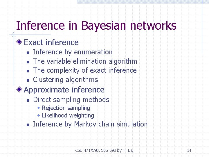 Inference in Bayesian networks Exact inference n n Inference by enumeration The variable elimination