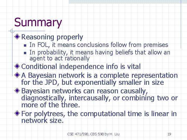 Summary Reasoning properly n n In FOL, it means conclusions follow from premises In