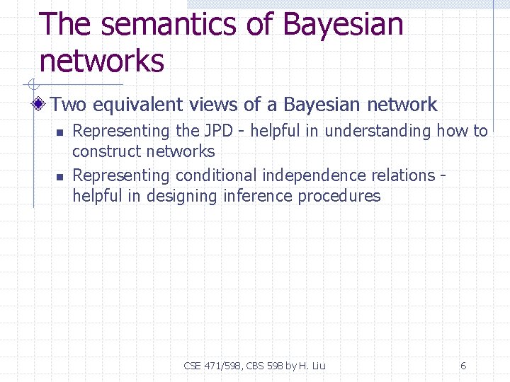 The semantics of Bayesian networks Two equivalent views of a Bayesian network n n