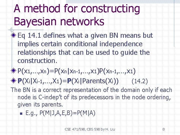 A method for constructing Bayesian networks Eq 14. 1 defines what a given BN