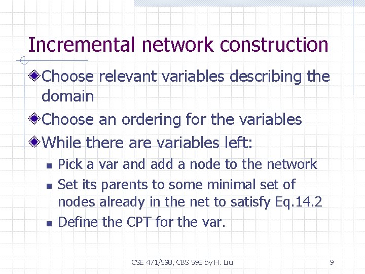 Incremental network construction Choose relevant variables describing the domain Choose an ordering for the