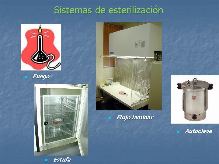 Sistemas de esterilización n Fuego n Flujo laminar n n Estufa Autoclave 