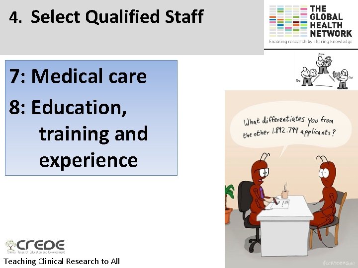 4. Select Qualified Staff 7: Medical care 8: Education, training and experience Teaching Clinical
