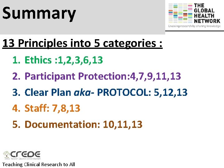 Summary 13 Principles into 5 categories : 1. 2. 3. 4. 5. Ethics :