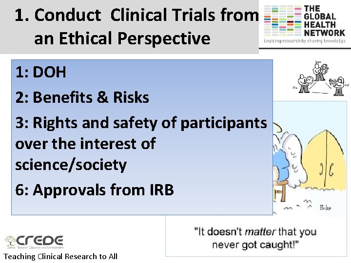 1. Conduct Clinical Trials from an Ethical Perspective 1: DOH 2: Benefits & Risks