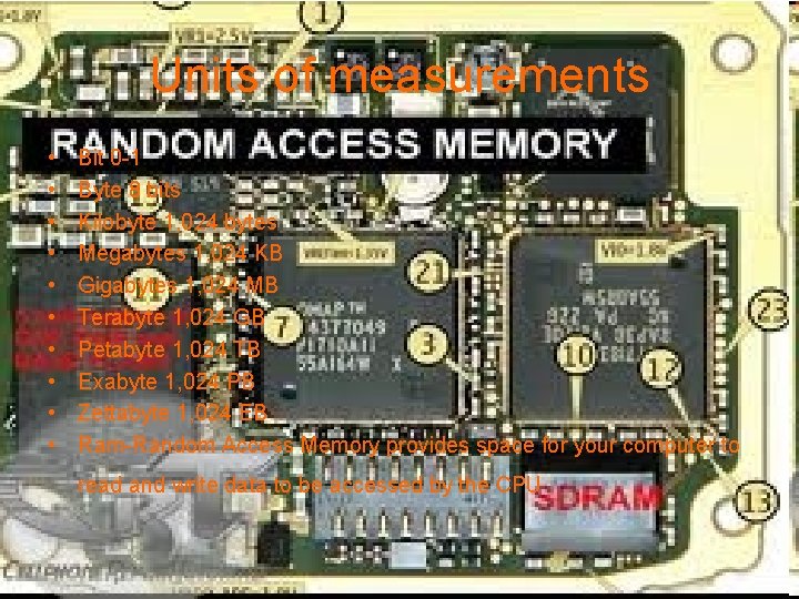 Units of measurements • • • Bit 0 -1 Byte 8 bits Kilobyte 1,