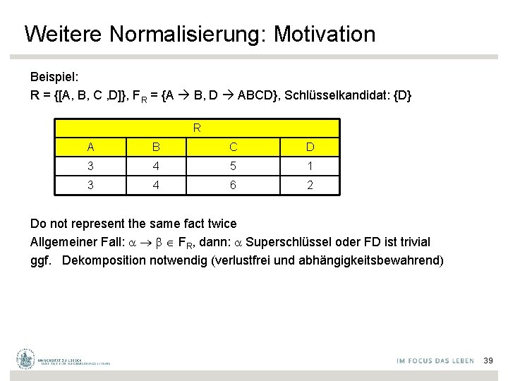 Weitere Normalisierung: Motivation Beispiel: R = {[A, B, C , D]}, FR = {A