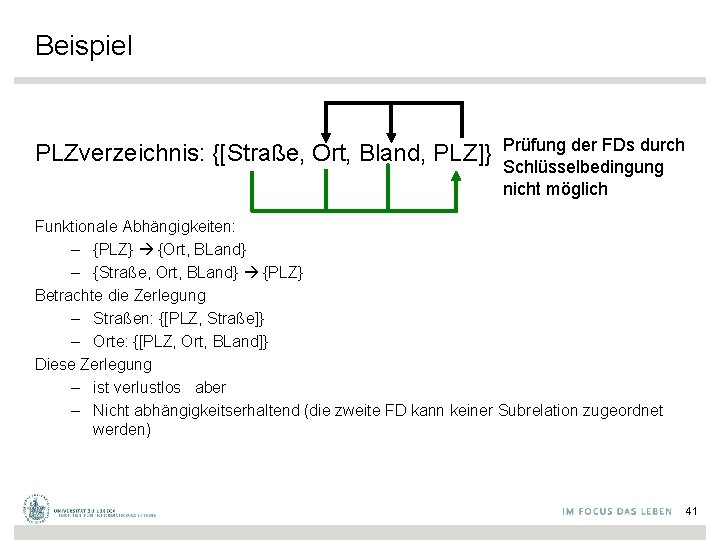 Beispiel PLZverzeichnis: {[Straße, Ort, Bland, PLZ]} Prüfung der FDs durch Schlüsselbedingung nicht möglich Funktionale