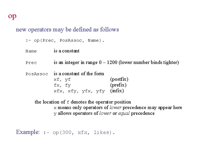op new operators may be defined as follows : - op(Prec, Pos. Assoc, Name).