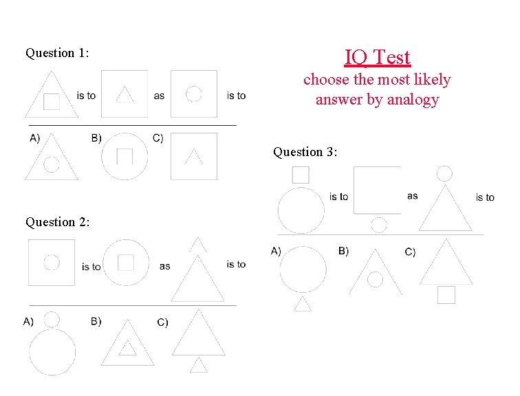 IQ Test Question 1: choose the most likely answer by analogy Question 3: Question