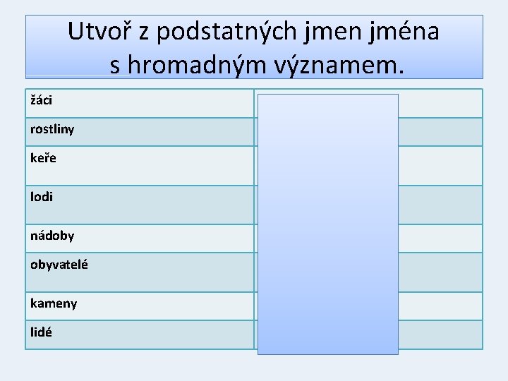 Utvoř z podstatných jmen jména s hromadným významem. žáci žactvo rostliny rostlinstvo keře křoví