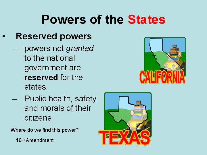 Powers of the States • Reserved powers – powers not granted to the national