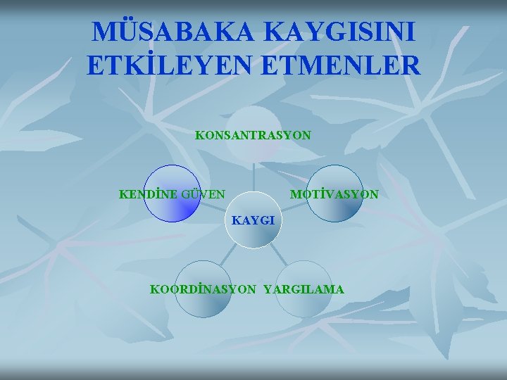 MÜSABAKA KAYGISINI ETKİLEYEN ETMENLER KONSANTRASYON KENDİNE GÜVEN MOTİVASYON KAYGI KOORDİNASYON YARGILAMA 