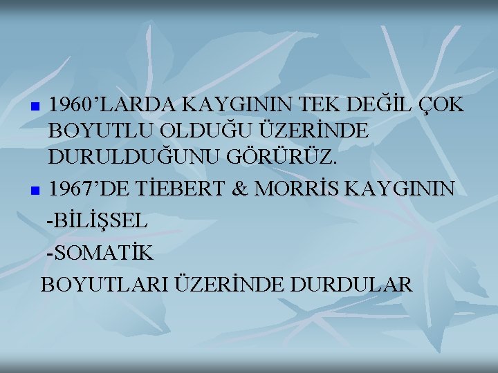 1960’LARDA KAYGININ TEK DEĞİL ÇOK BOYUTLU OLDUĞU ÜZERİNDE DURULDUĞUNU GÖRÜRÜZ. n 1967’DE TİEBERT &