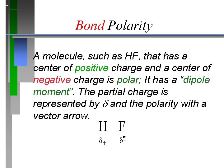 Bond Polarity A molecule, such as HF, that has a center of positive charge