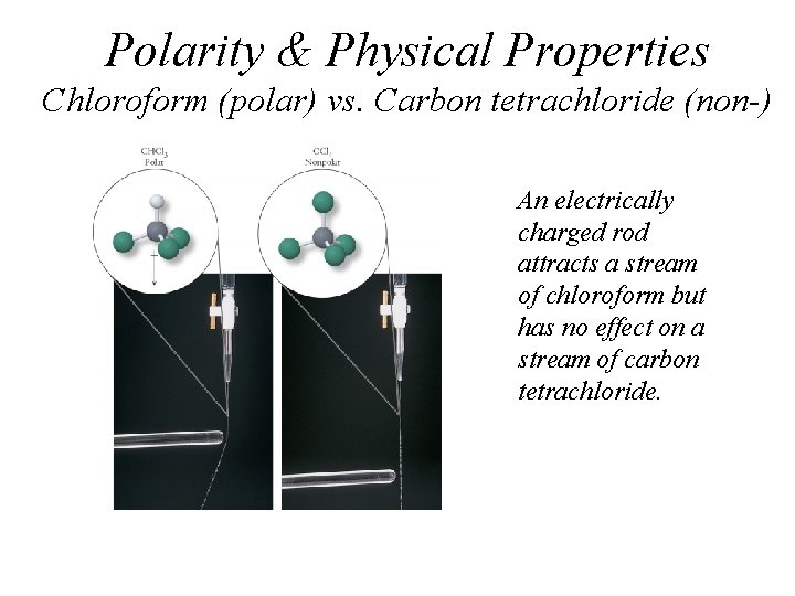 Polarity & Physical Properties Chloroform (polar) vs. Carbon tetrachloride (non-) An electrically charged rod