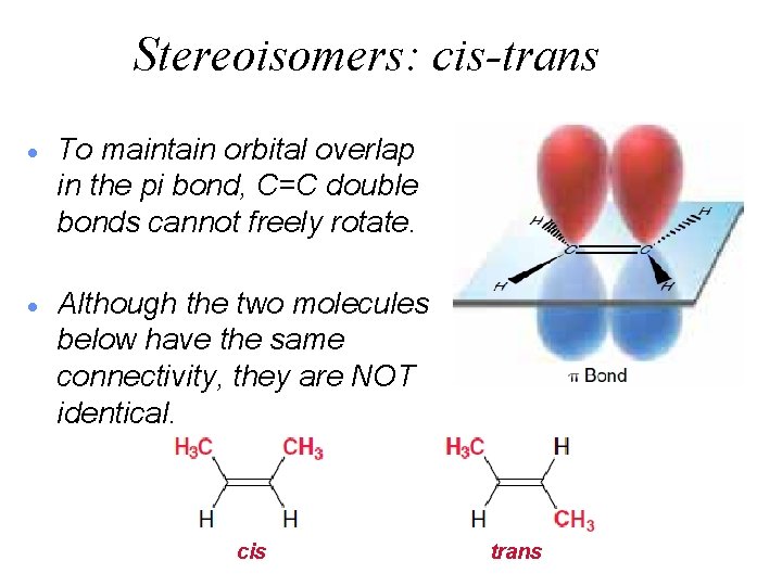 Stereoisomers: cis-trans · To maintain orbital overlap in the pi bond, C=C double bonds