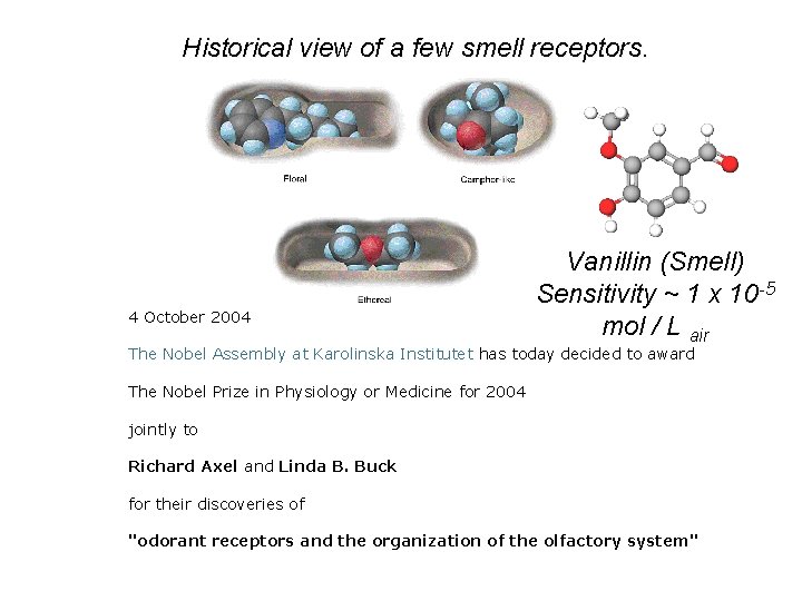 Historical view of a few smell receptors. 4 October 2004 Vanillin (Smell) Sensitivity ~