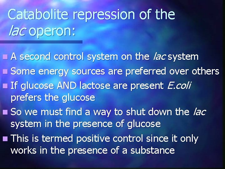 Catabolite repression of the lac operon: second control system on the lac system n Catabolite repression of the lac operon: second control system on the lac system n