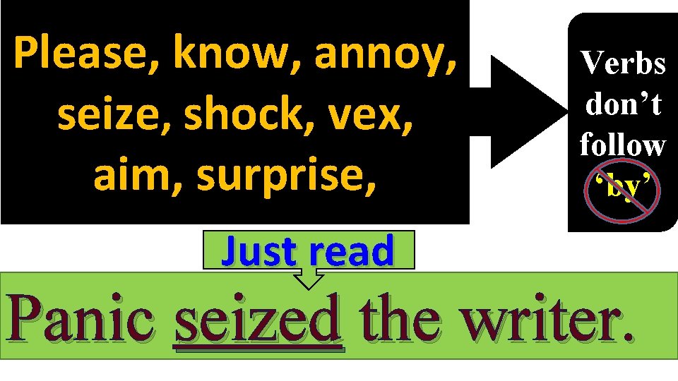 Please, know, annoy, seize, shock, vex, aim, surprise, Just read Verbs don’t follow ‘by’