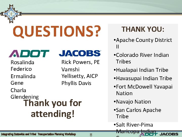 QUESTIONS? Rosalinda Federico Ermalinda Gene Charla Glendening Rick Powers, PE Vamshi Yellisetty, AICP Phyllis