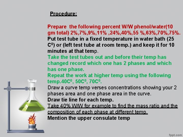 Procedure: Prepare the following percent W/W phenol/water(10 gm total) 2%, 7%, 9%, 11% ,