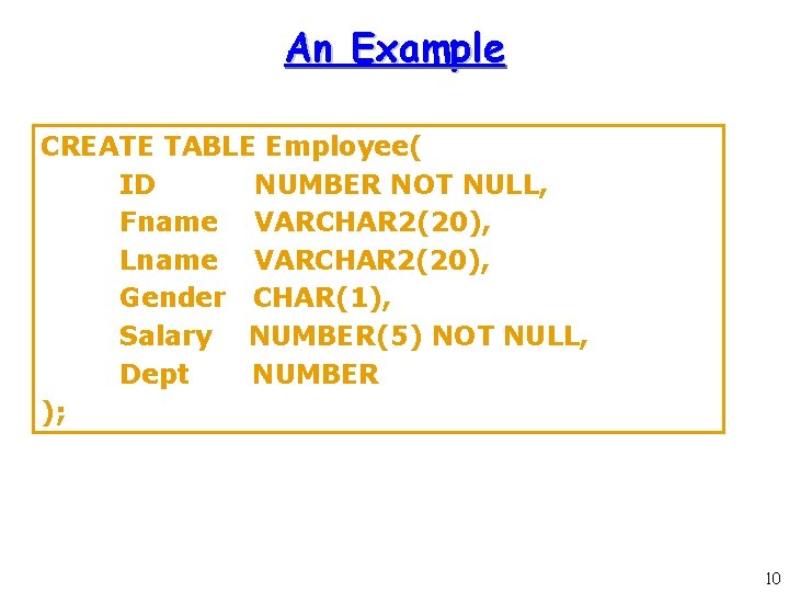 An Example CREATE TABLE Employee( ID NUMBER NOT NULL, Fname VARCHAR 2(20), Lname VARCHAR